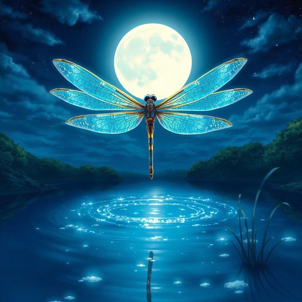 Esta cativante ilustração em estilo anime apresenta um majestoso guardião da libélula pairando sobre um lago sereno, suas asas abertas em um impressionante contraste com as águas azul-escuras. O céu iluminado pela lua adiciona drama à cena, enquanto a profundidade e a perspectiva criam uma sensação de profundidade e dimensionalidade.