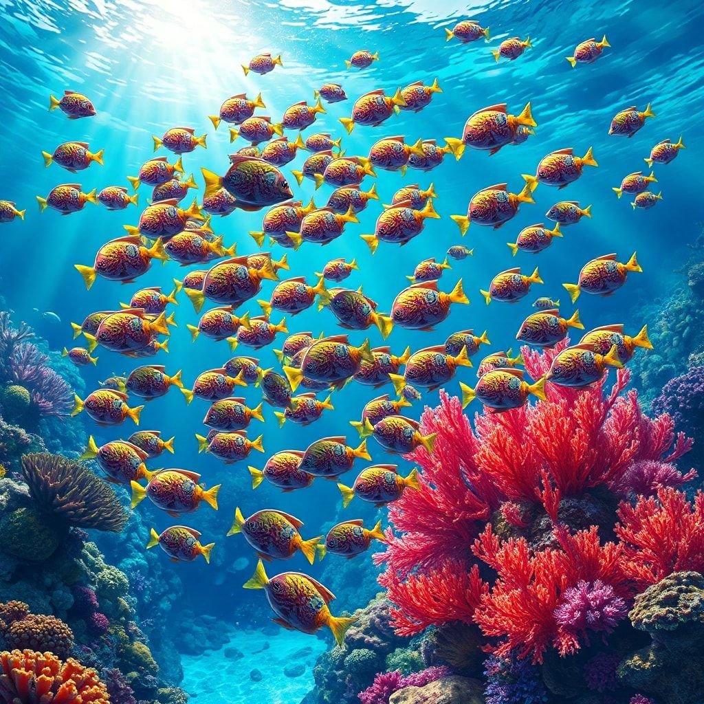 A lively scene from an ocean coral reef, teeming with a school of colorful fish swimming amongst the coral and sea creatures.