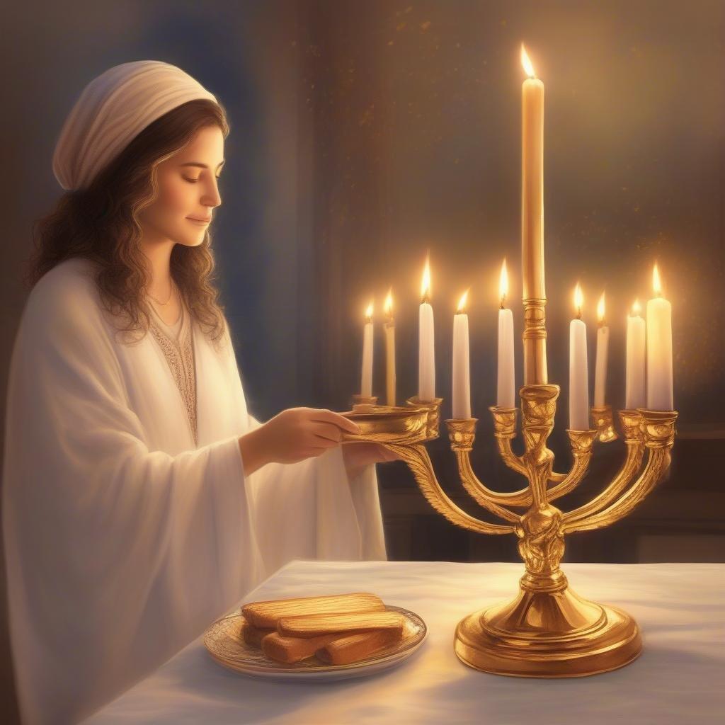 This artwork captures the essence of a traditional Hanukkah celebration. A young woman, dressed in a hooded white robe reminiscent of historical depictions of Mary, mother of Jesus, holds a candelabrum with nine lit candles. Before her on a table is a plate with pieces of matzo bread, another significant symbol of the holiday. The scene evokes a sense of peaceful reflection and spiritual connection during this sacred festival.