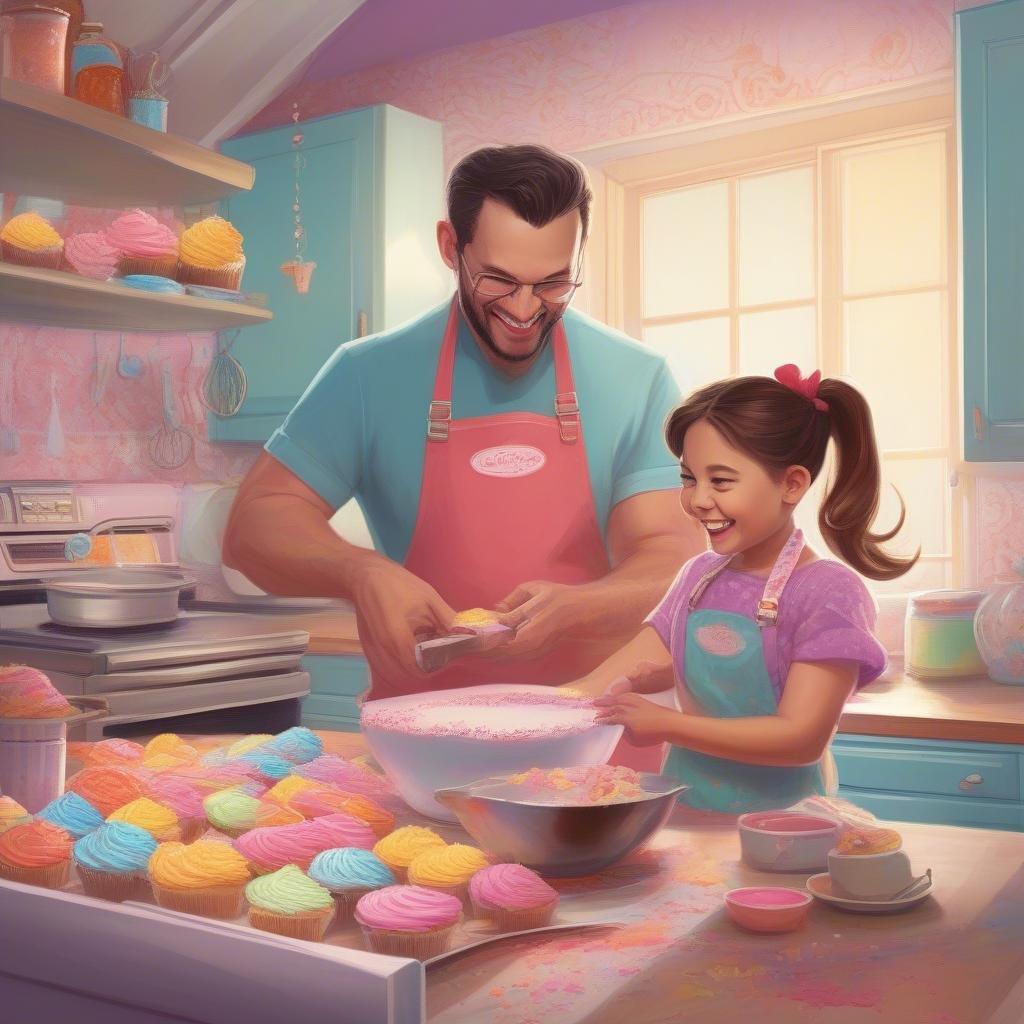 A heartwarming scene of a father and daughter working together to create delicious cupcakes in the kitchen. The perfect Father’s Day image that celebrates the love of baking and quality time.