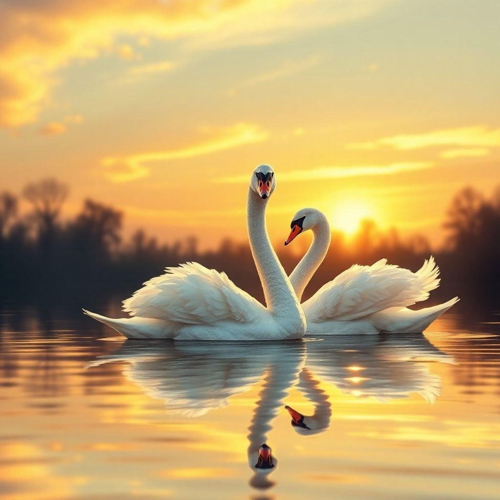 Couple of swans in serene embrace on sunset lake, celebrating love's enduring elegance. Perfect for anniversaries and romantic celebrations.