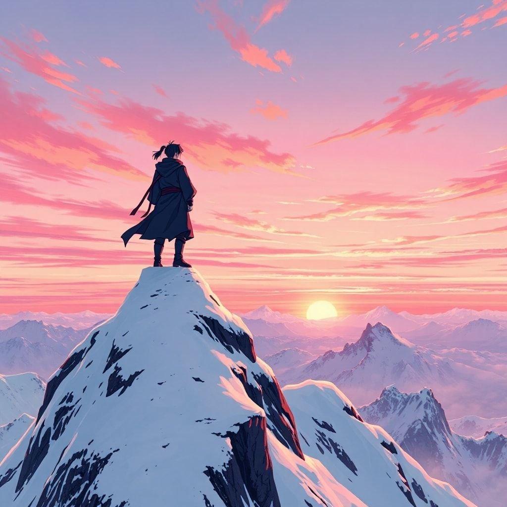 Erleben Sie die ruhige Schönheit eines Sonnenaufgangs im Anime-Stil, wo ein Ninja auf einem schneebedeckten Berggipfel steht und die atemberaubende Aussicht betrachtet.