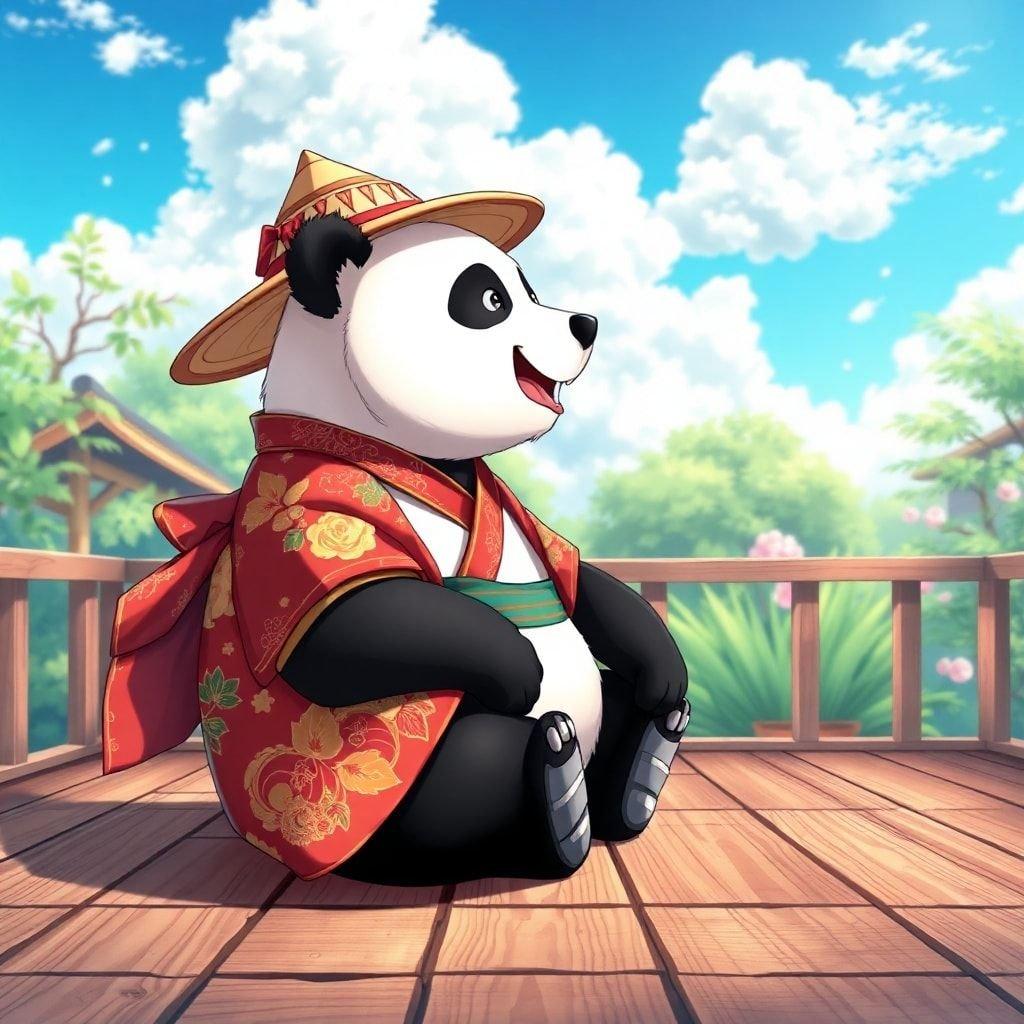 This anime-inspired wallpaper features a giant panda in a traditional Japanese kimono and hat, sitting on a wooden deck and making a cute anime expression. The blurred background showcases a serene garden with green plants and trees, set against a blue sky with white clouds.