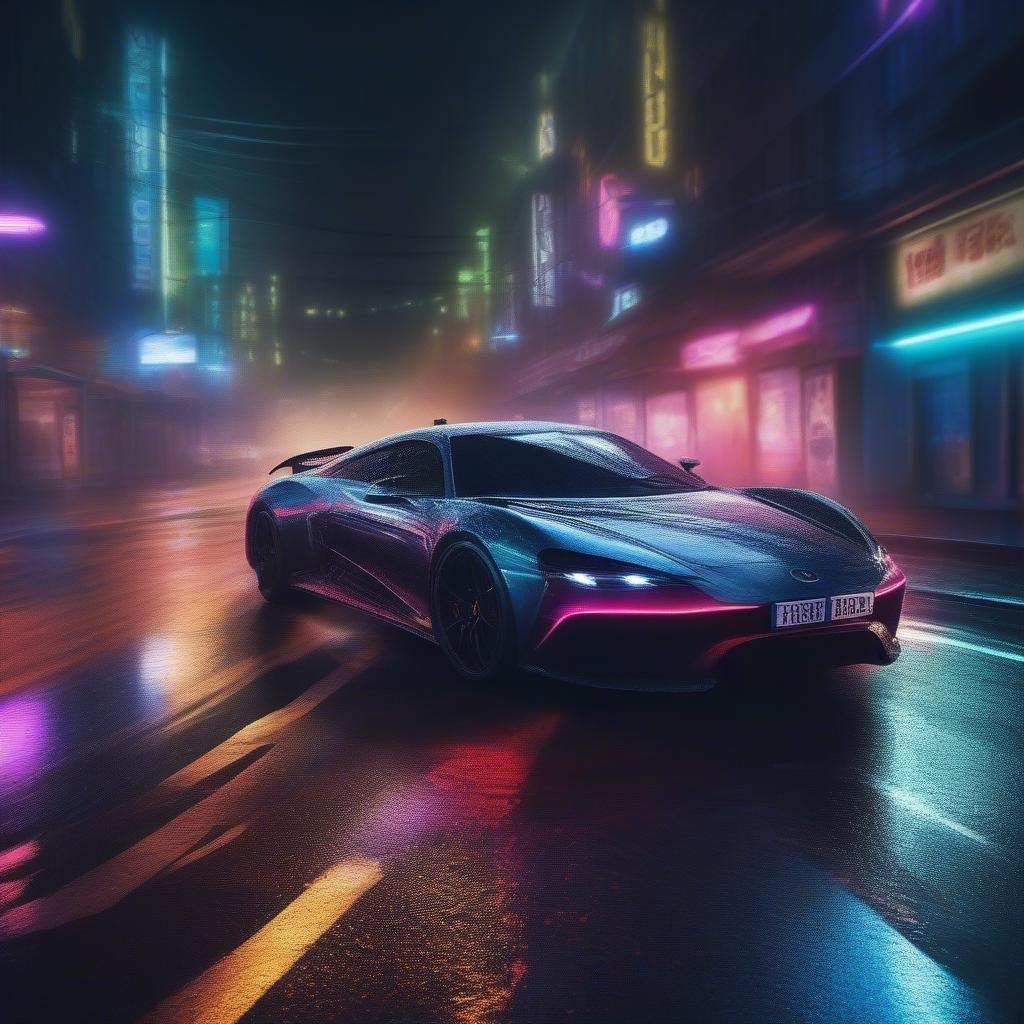 Sleek modern electric sports car driving through a vibrant neon lit city street.