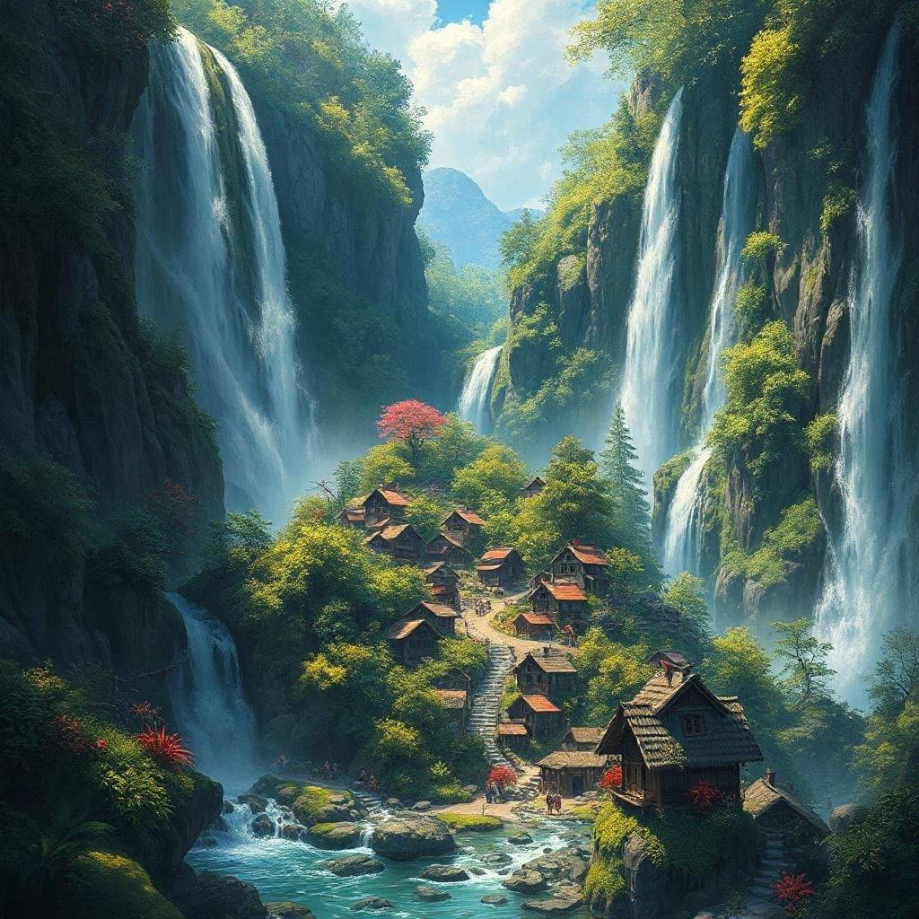 A picturesque village nestled amidst the majestic peaks, where waterfalls cascade down from above.