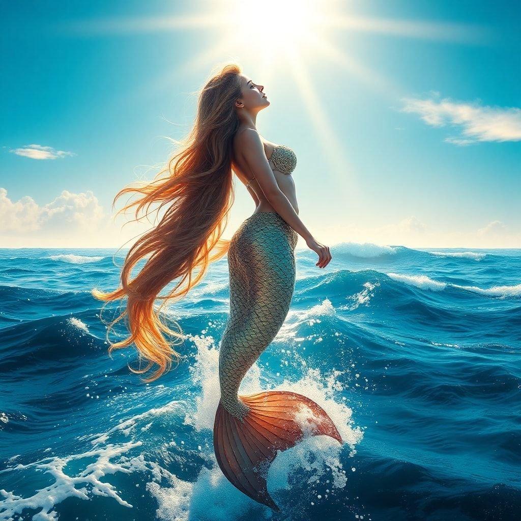 This stunning ocean scene captures the essence of mermaid magic, with a siren-like figure commanding the waves in an enchanting setting. Perfect for those who dream of swimming with the sea creatures.