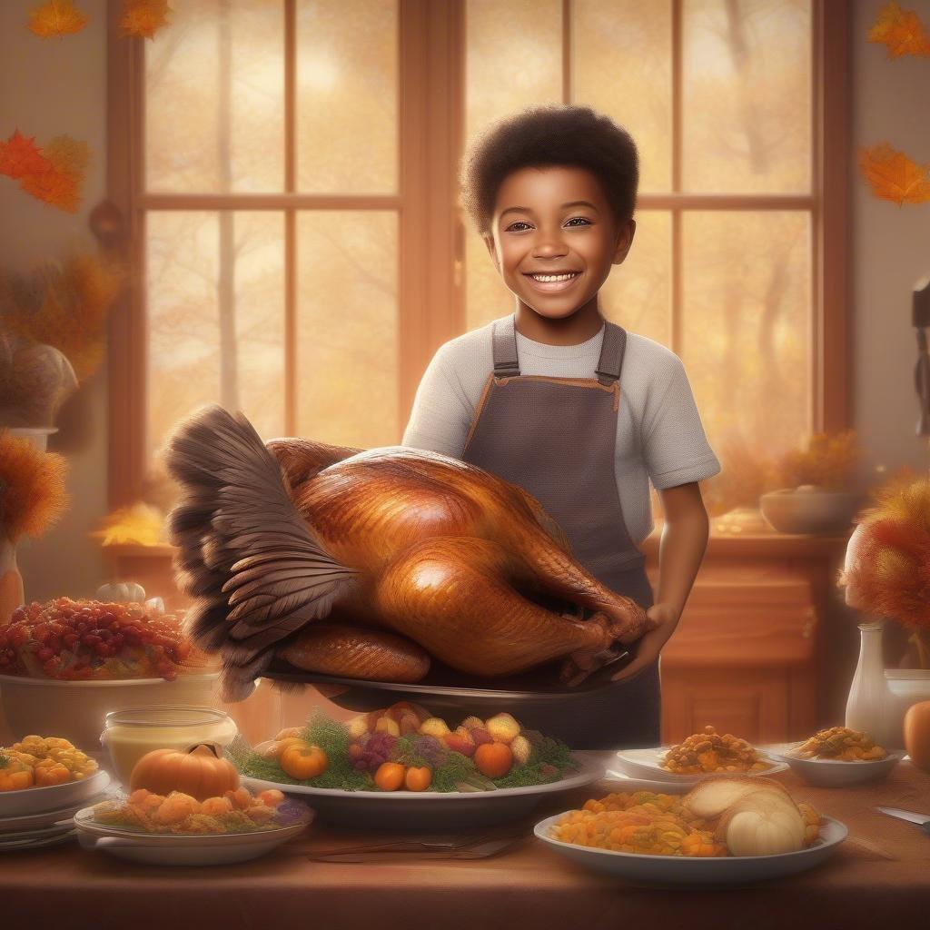 The joyful spirit of Thanksgiving is alive in this warm-hearted scene. A young child proudly presents a freshly cooked turkey, the centerpiece of any family gathering for this festive holiday.