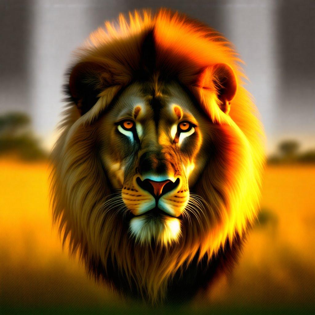 This stunning digital illustration captures the majesty and power of a lion in its natural habitat. With an artistic background that blends the warm tones of a setting sun with the cool hues of a field, this wallpaper is perfect for both desktop and mobile devices to bring a touch of wilderness to your digital life.