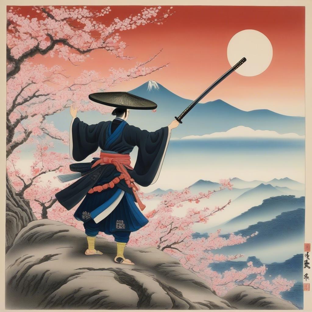 A samurai warrior stands tall on a mountain peak, overlooking a serene landscape under a clear blue sky.