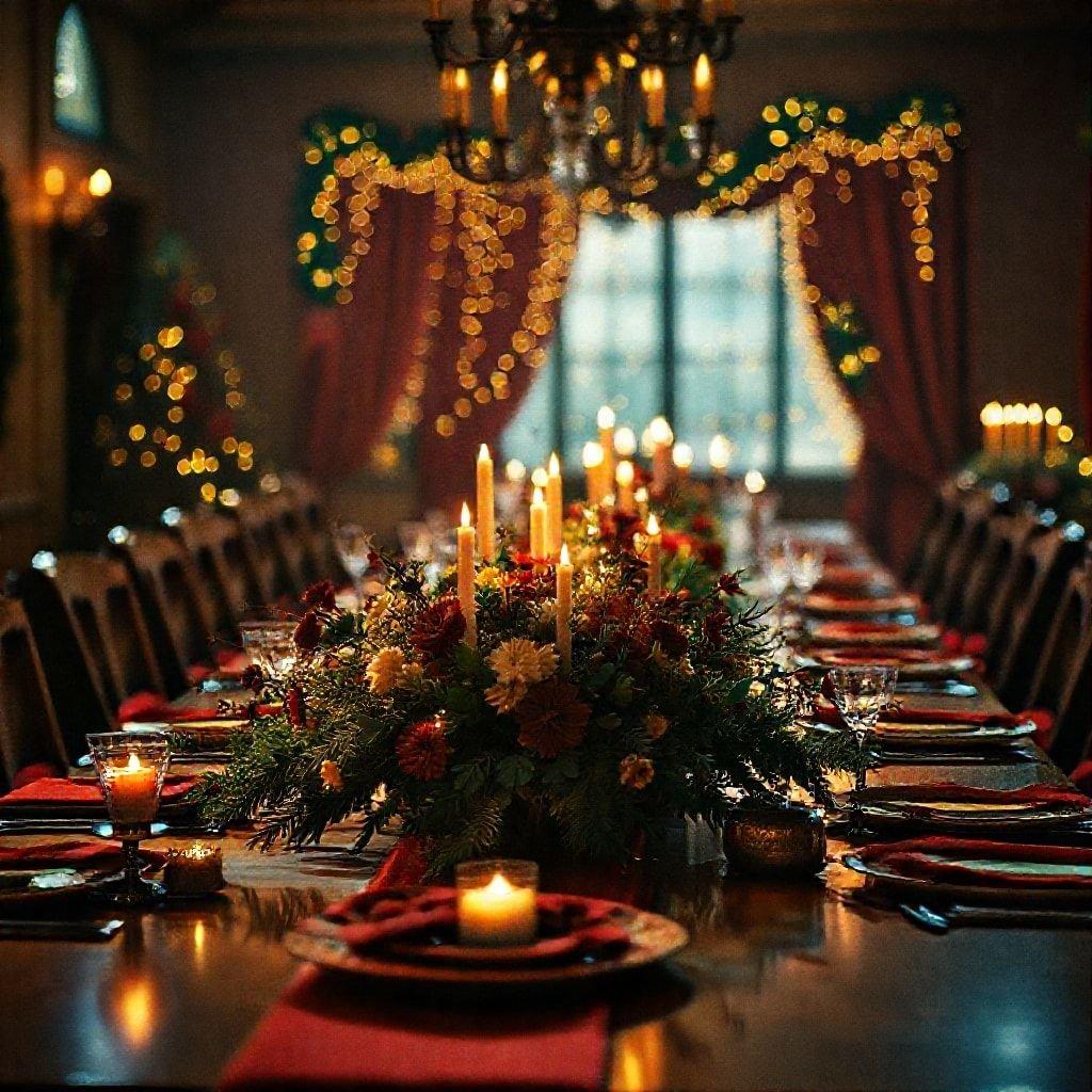 This festive Christmas dinner table is set for a holiday feast, with a beautiful centerpiece and elegant tableware.