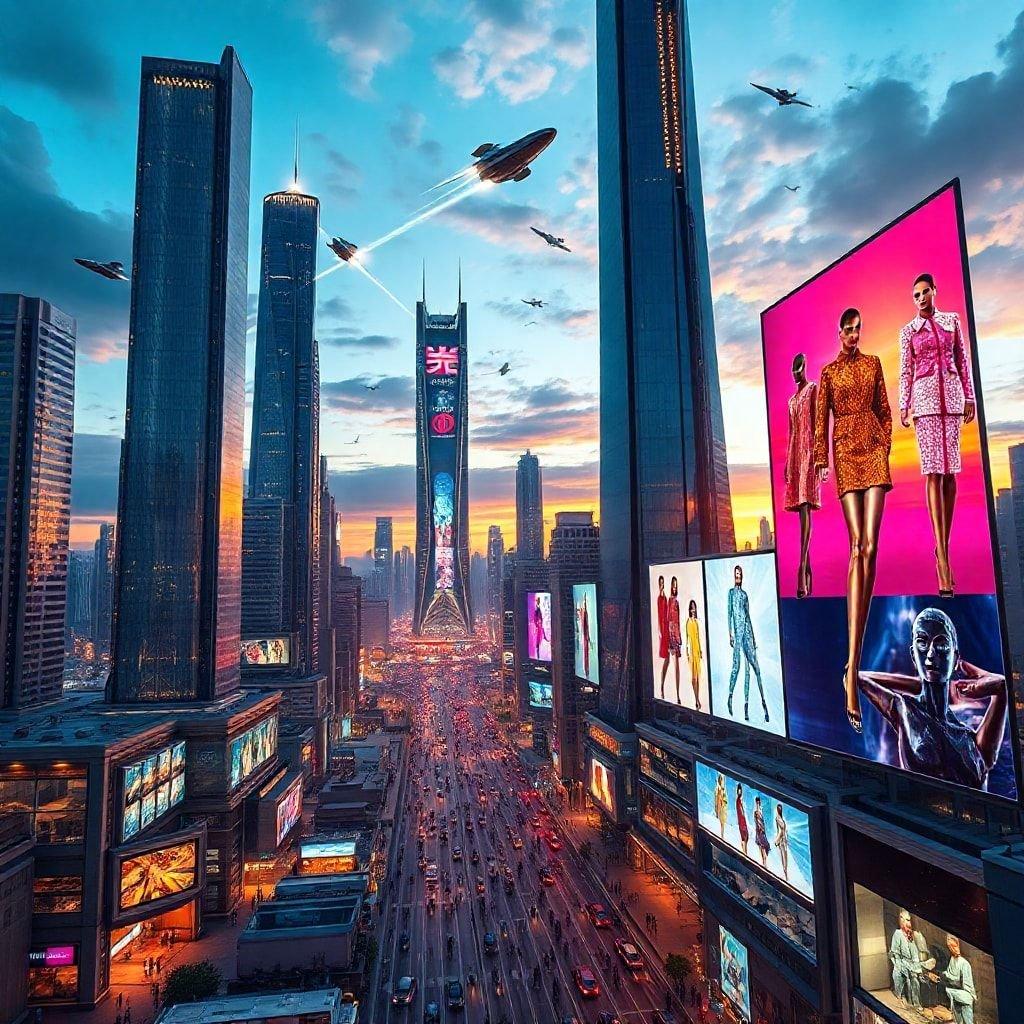 Un bullicioso paisaje urbano al anochecer con altos edificios que se elevan hacia el cielo. Numerosos carteles iluminan las calles de abajo, creando un vibrante contraste contra la luz del día que se desvanece.