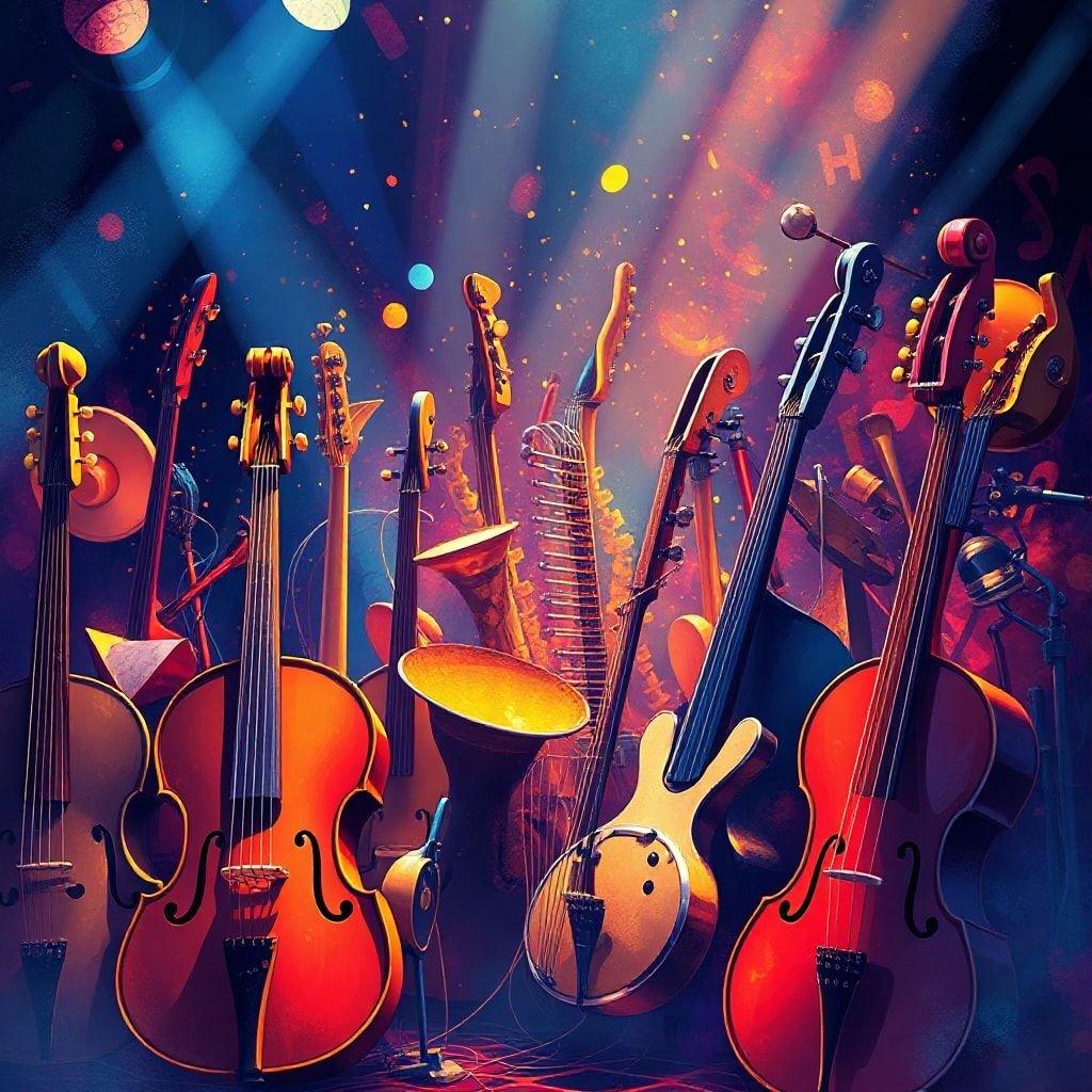 A celebratory scene filled with musical instruments, symbolizing the joyful journey towards a bright future.