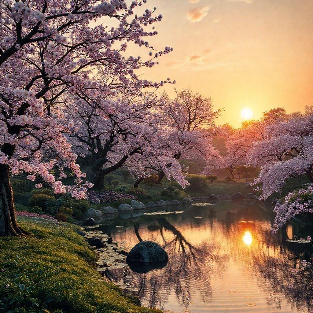 A tranquil scene with blooming cherry blossoms reflecting in the water during sunset.