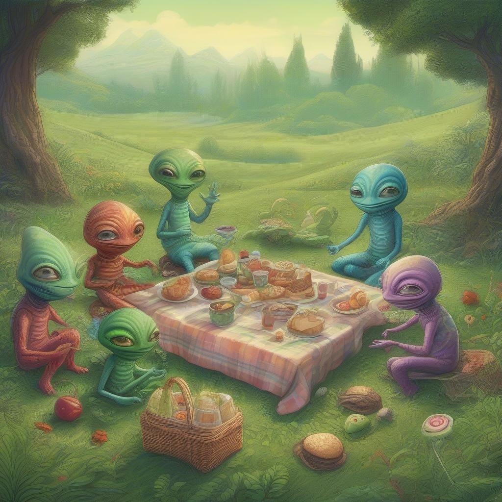 These adorable extraterrestrial creatures are enjoying a delightful picnic in a serene forest setting. The image showcases their unique features and playful nature as they gather around a table laden with an assortment of delectable treats and refreshing beverages. The vibrant colors and whimsical atmosphere create a sense of wonder and enchantment, inviting the viewer to join in on the intergalactic fun.