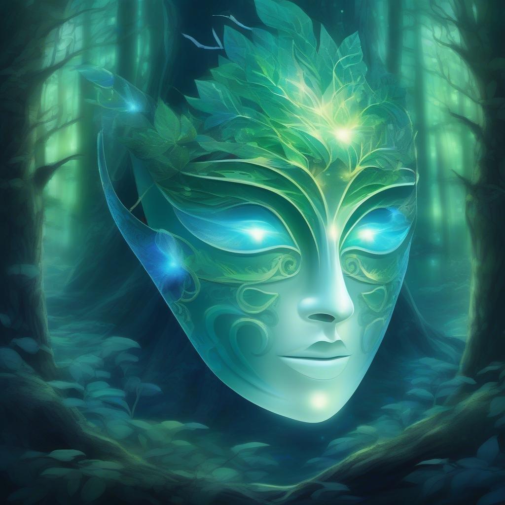 Immerse yourself in a mystical world where masks come to life and forests whisper secrets. This captivating wallpaper takes you on an ethereal journey, inviting you into a dark forest that is magically illuminated by a mysterious light source at its heart.