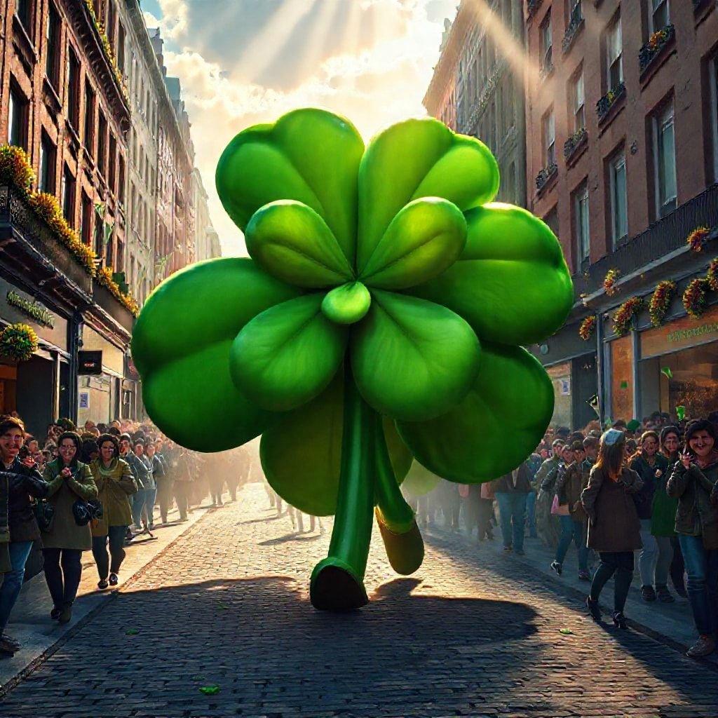 A lively street scene celebrating St. Patrick's Day with a large, colorful shamrock flower prop leading the way.