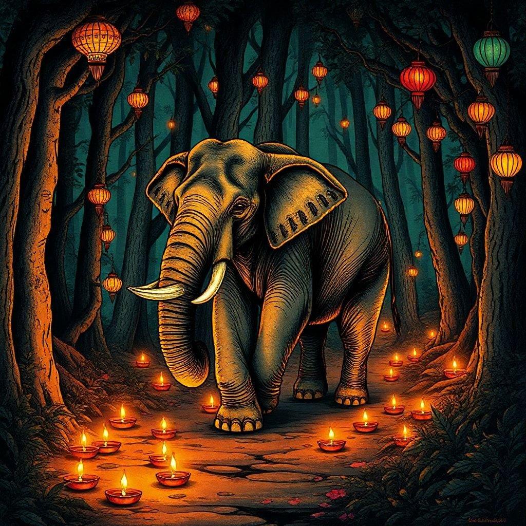 This beautiful wallpaper features an elephant walking through a forest during the Diwali festival. The elephant is surrounded by colorful lanterns and diyas, creating a festive and joyful atmosphere. The image is perfect for desktop and mobile use, and is sure to add a touch of cultural celebration to any device.