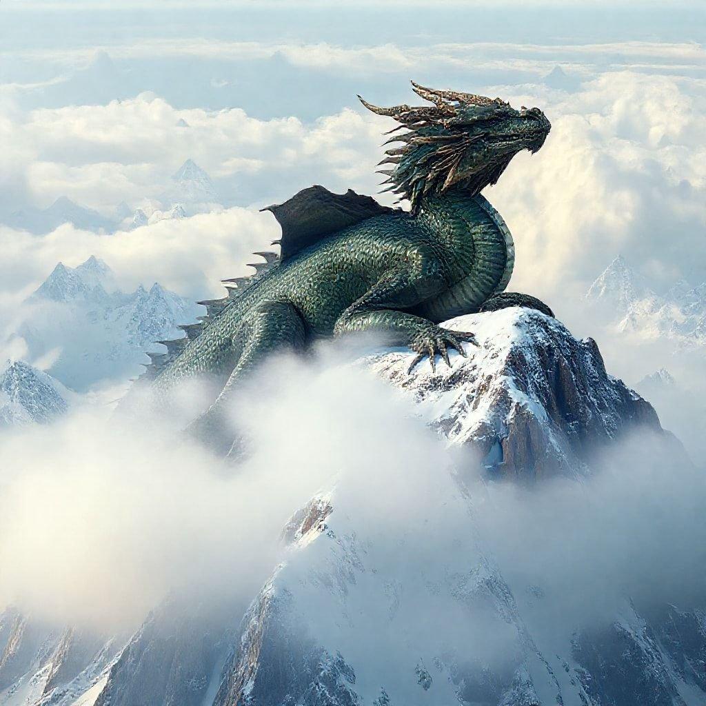 Spectacular fantasy creature soaring above snowy peaks