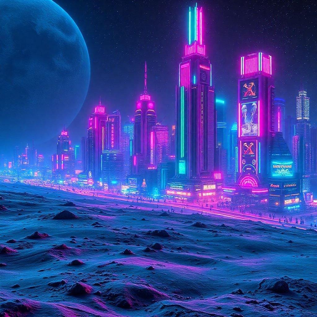 Ce magnifique fond d'écran vous transporte dans un monde futuriste de gratte-ciels illuminés au néon et de rues de ville animées. Les couleurs vibrantes et la composition dynamique créent un sentiment d'énergie et d'excitation, ce qui le rend parfait pour quiconque aime la science-fiction et la fantasy.