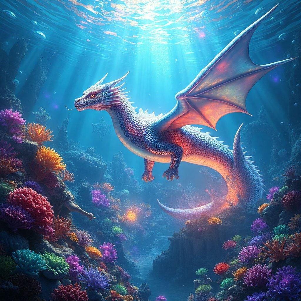 Una pieza de arte digital que representa un majestuoso dragón nadando en medio de una fantasía oceánica. El dragón está rodeado de vibrantes corales y criaturas marinas, con rayos de luz filtrándose a través del agua para crear una atmósfera serena y encantadora. Ideal para fondos de escritorio y móviles, esta obra captura el atractivo de la exploración submarina con un toque de encanto mítico.