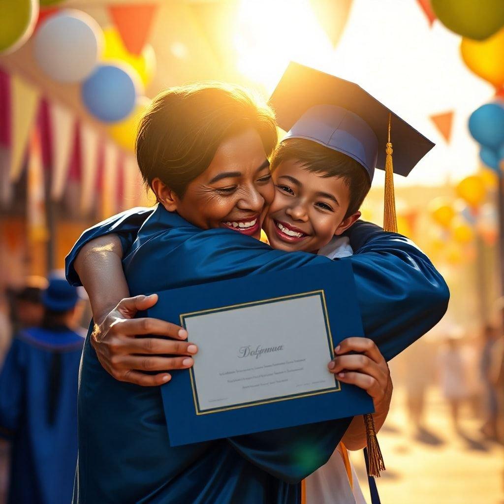 A proud moment shared between a graduate and a young admirer at the graduation ceremony.