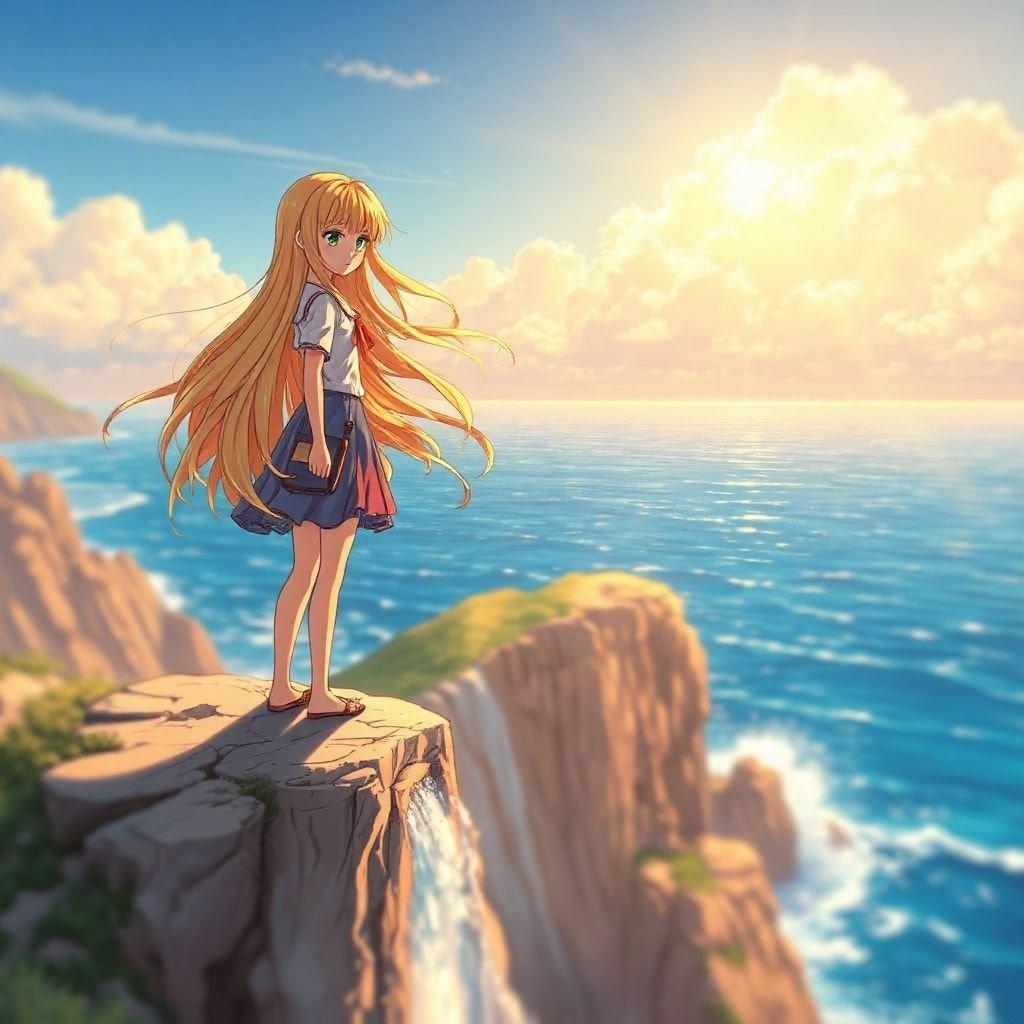 Esta ilustración de anime presenta a una joven de pie en un acantilado con vista al océano infinito, con su cabello rubio cayendo como una cascada y el sereno cielo azul creando una atmósfera etérea. La ilustración captura un momento de tranquilidad, con su mirada decidida fija en el océano infinito, en medio de un paisaje natural borroso.