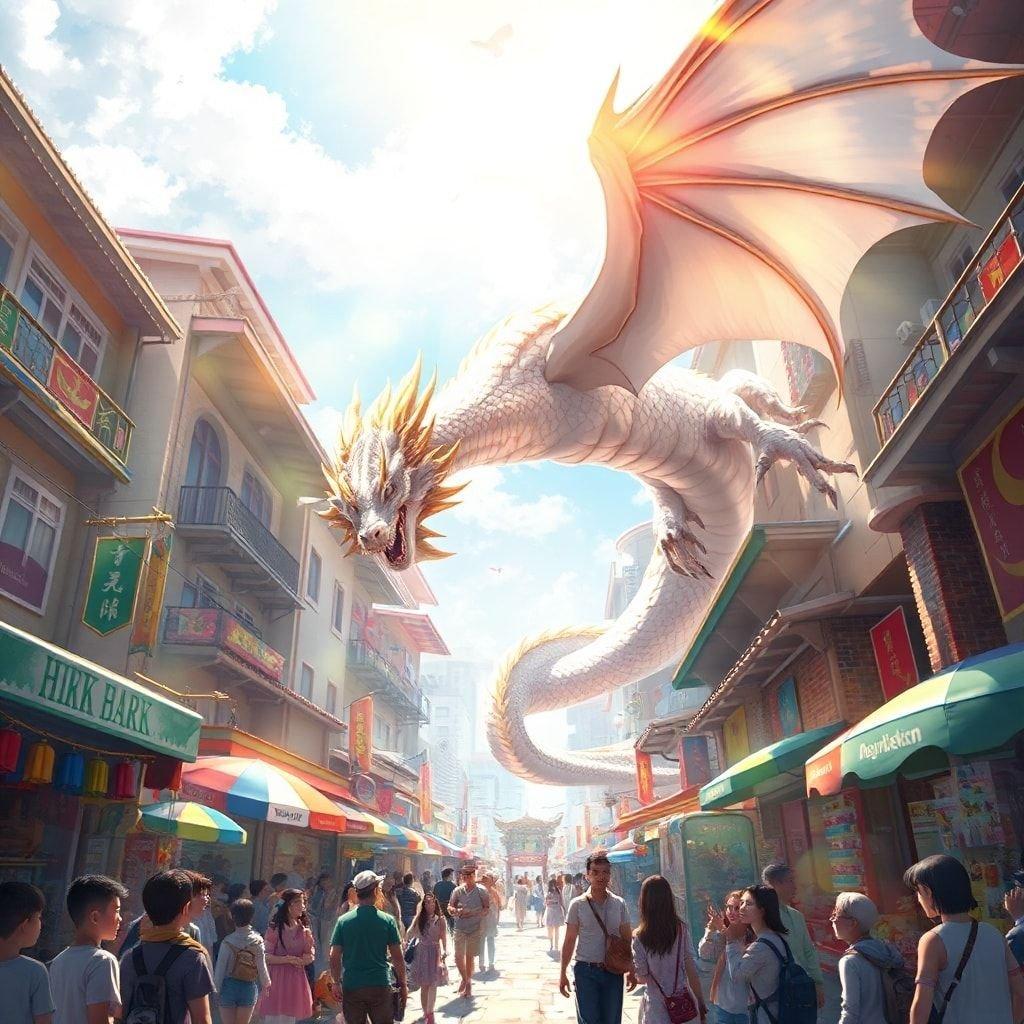 Um majestoso dragão voa acima de uma movimentada rua de mercado, cativando a multidão com suas cores vibrantes e atmosfera de anime.