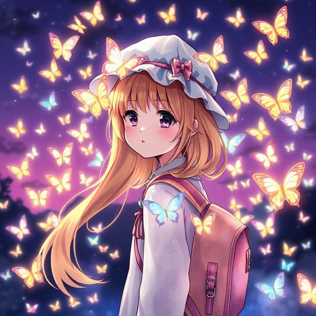 In questo sfondo magico di anime, vediamo una timida ragazza delle superiori intraprendere un viaggio. Indossa un cappello e uno zaino, pronta per l'avventura che l'attende, il suo viso illuminato dall'emozione. Il cielo notturno è vivo con farfalle luminescenti che svolazzano intorno a lei, i loro colori aggiungono all'atmosfera mistica. Questa scena è tanto fantasiosa quanto affettuosa, catturando lo spirito dell'esplorazione giovanile e la bellezza della natura.