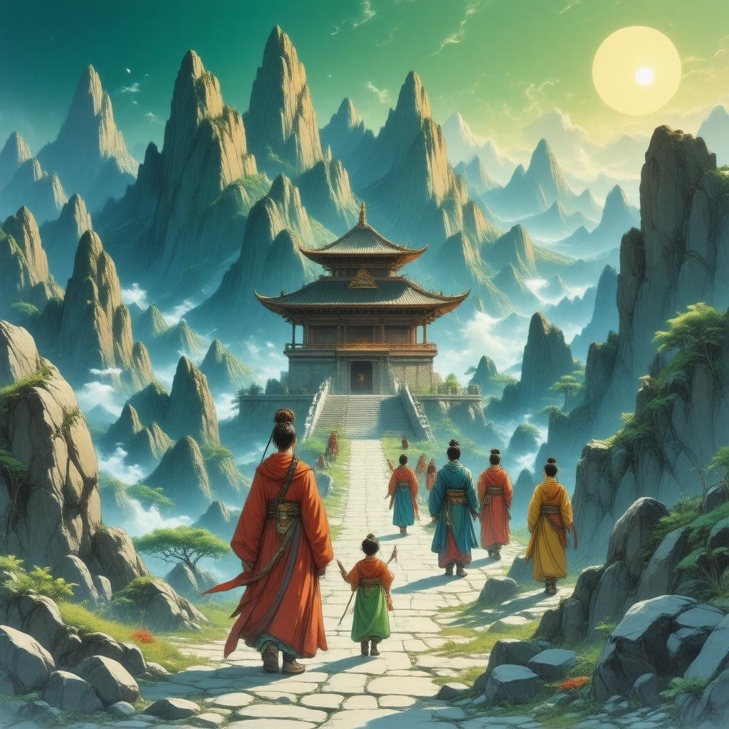 Immerse yourself in the mystical world of anime with this breathtaking mountain landscape wallpaper. Vibrant colors and intricate details bring the scene to life, featuring a group of people, a mysterious figure, a woman, and a child, all set against the backdrop of a stunning temple.