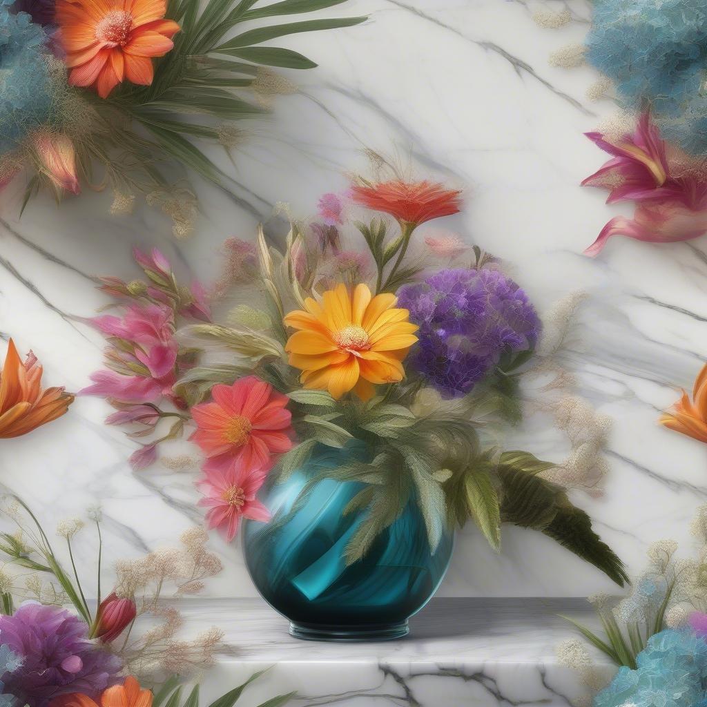 A vibrant display of exotic flowers, arranged in a chic blue vase against a sophisticated marble background, perfect for adding life and color to your desktop.