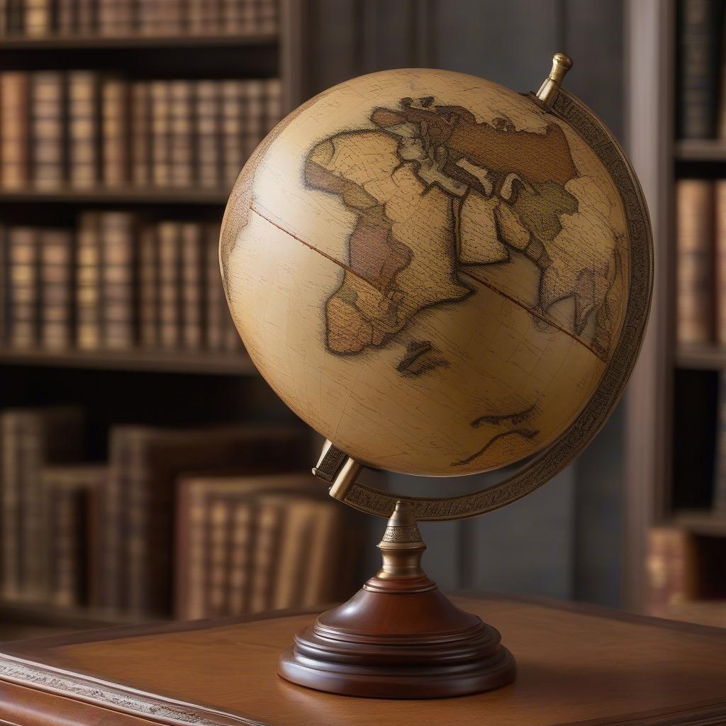 This old world globe sits proudly atop a stack of books, reminiscent of the classic libraries and studies from times gone by. The globe's antique appearance adds a touch of nostalgia and charm to any room.