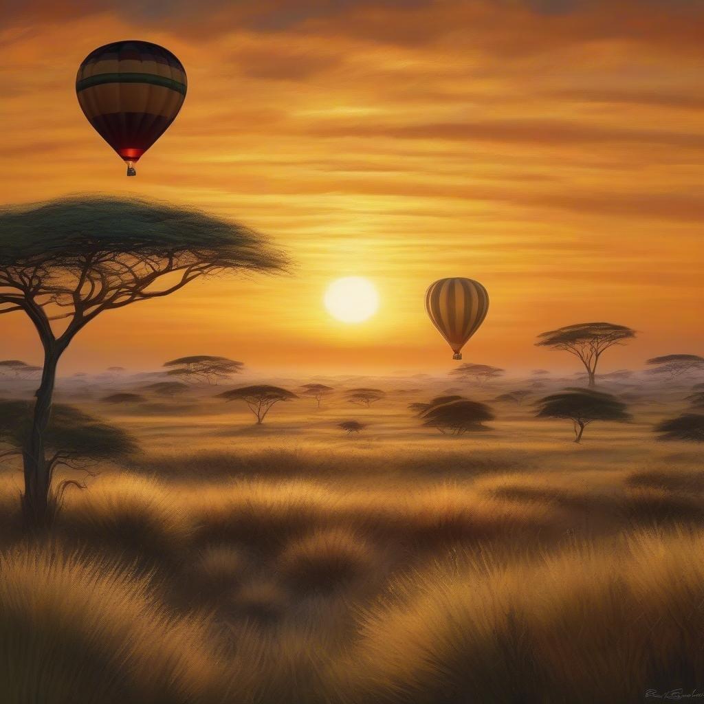 Experience the thrill of adventure as you soar over the Serengeti at sunset. This captivating scene features hot air balloons floating above a grassy field, with the majestic silhouette of an acacia tree in the foreground and the iconic silhouette of an African savanna in the distance.