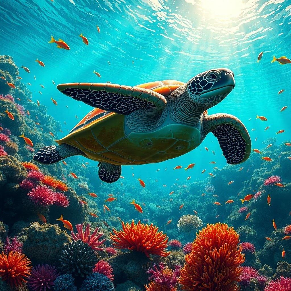 A serene scene featuring a sea turtle gracefully diving among the vibrant coral reef, capturing the essence of underwater beauty.