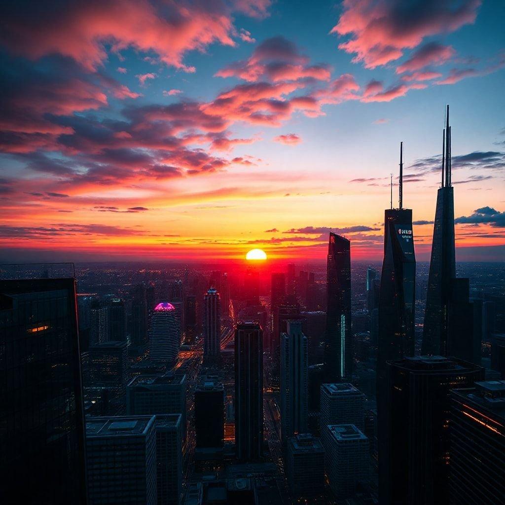 The stunning view of Chicago's skyline as the sun sets, with tall skyscrapers silhouetted against a vibrant sky.