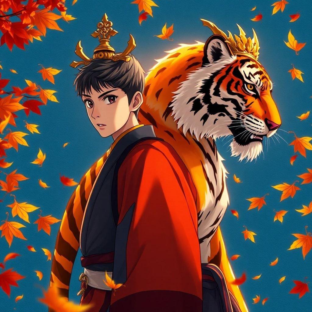 This stunning anime wallpaper features a young samurai standing back-to-back with a majestic tiger, surrounded by autumn leaves. The tiger's body is a kaleidoscope of orange and yellow, adorned with a golden headpiece, while the tiger's head adds a whimsical touch. The deep blue background adds depth, highlighting the tiger's presence in the scene.