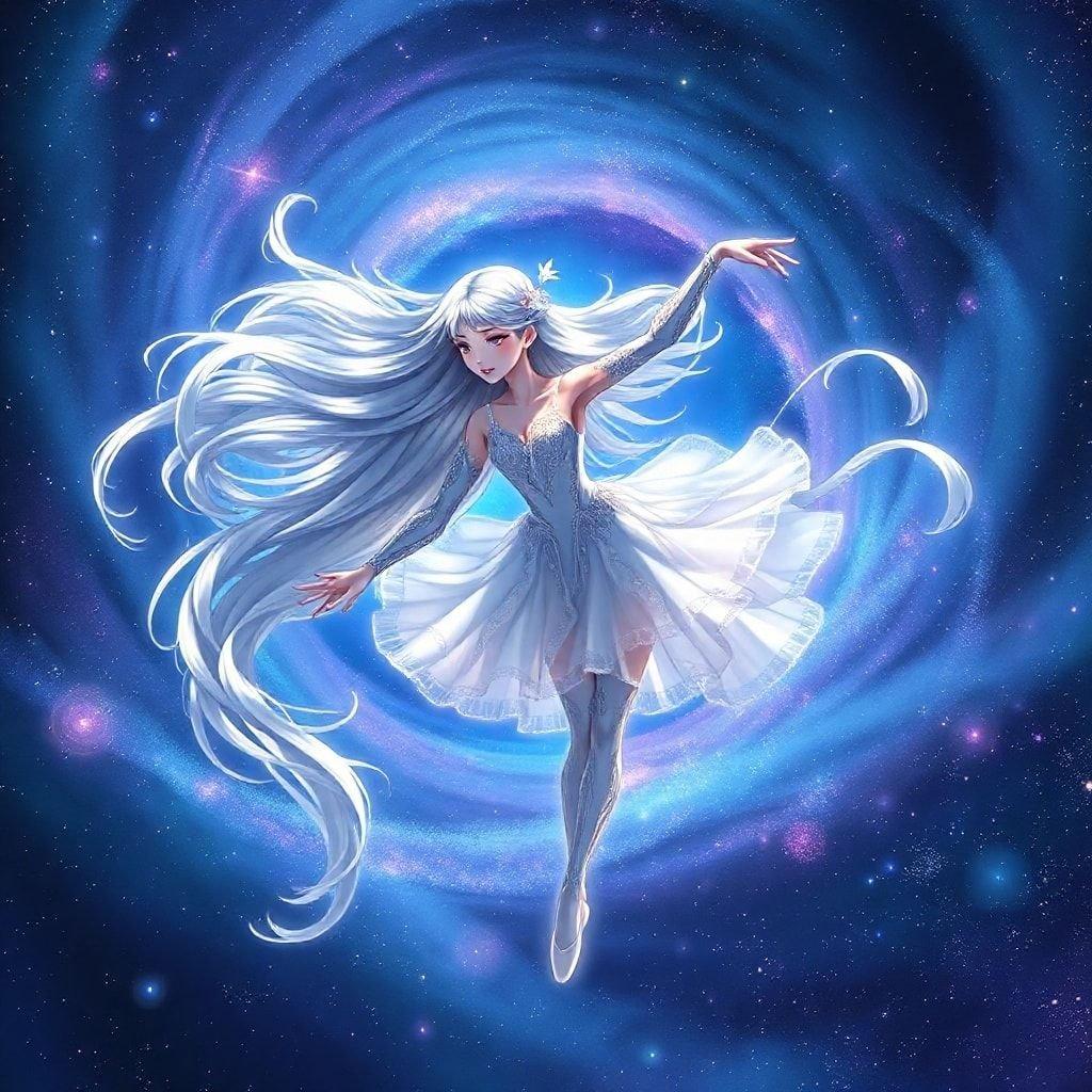 Immerse yourself in the enchanting world of anime with this stunning wallpaper featuring a graceful ballerina floating amidst a swirling galaxy. Her flowing hair and intricate arm patterns add a touch of elegance, while the vibrant stars and galaxies in the background create a mesmerizing scene.