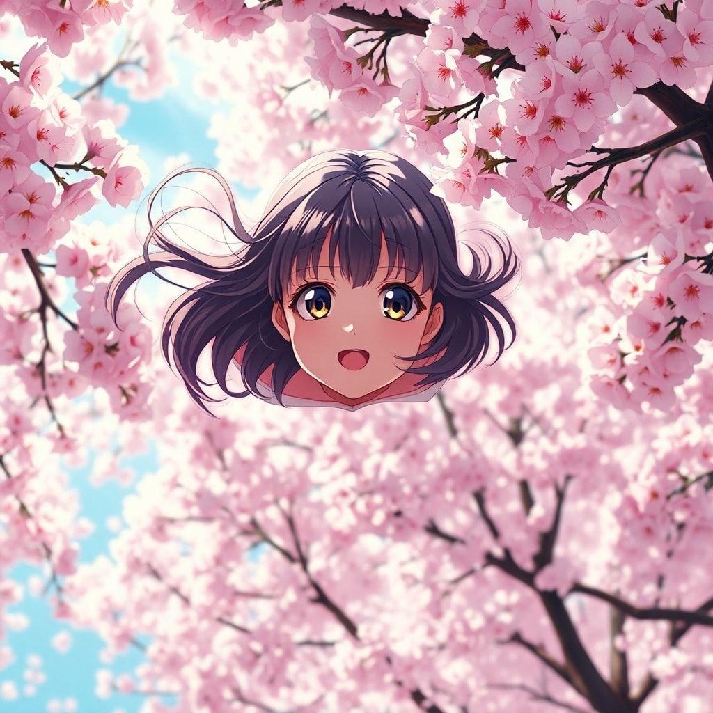 Entre em um mundo de anime de tirar o fôlego, onde uma jovem flutua entre mil árvores de flores de cerejeira, seu olhar cativando o espectador em meio a um mar de flores rosas e brancas.