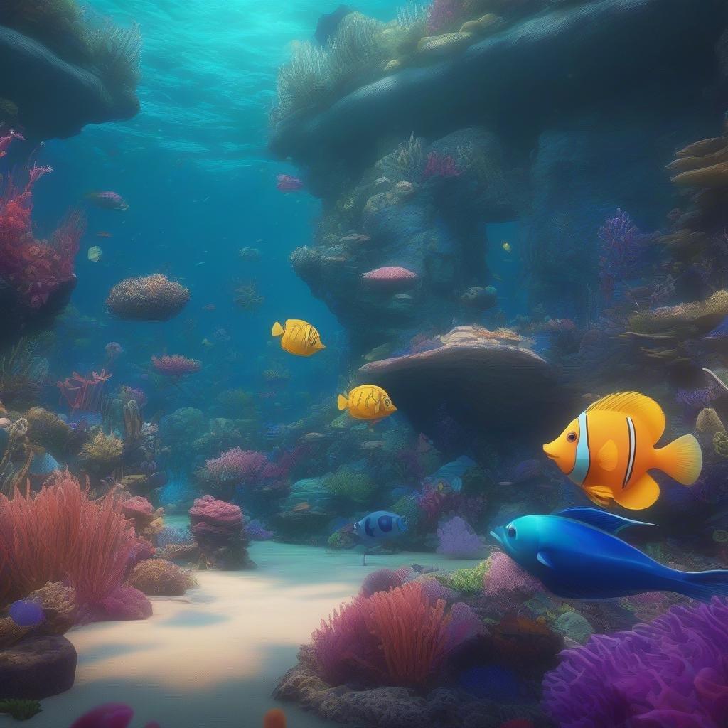 Dive into a vibrant world of colorful fish and coral reefs with this stunning cartoon wallpaper.