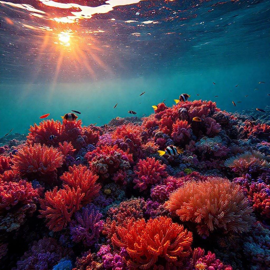 Bright and colorful marine life, vivid corals in a sunlit tropical sea.