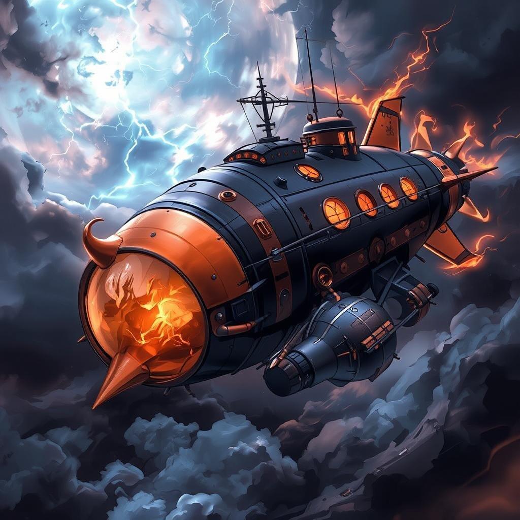 This image showcases a steampunk-inspired airship soaring through a dramatic stormy sky, its bright orange nose and tail standing out against the dark, ominous clouds.