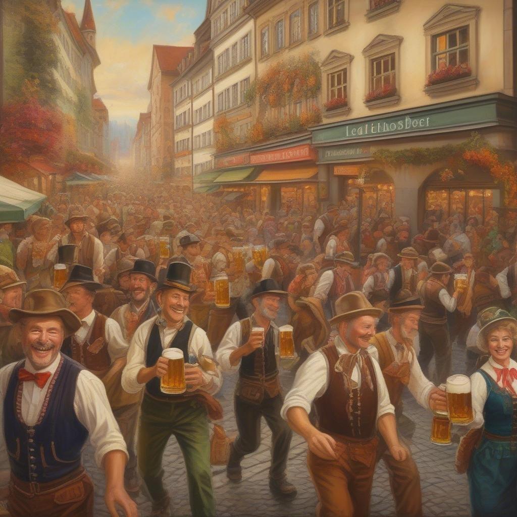 A joyful scene at an Oktoberfest celebration with people in traditional attire, holding steins of beer, filling the street and enjoying the festivities.