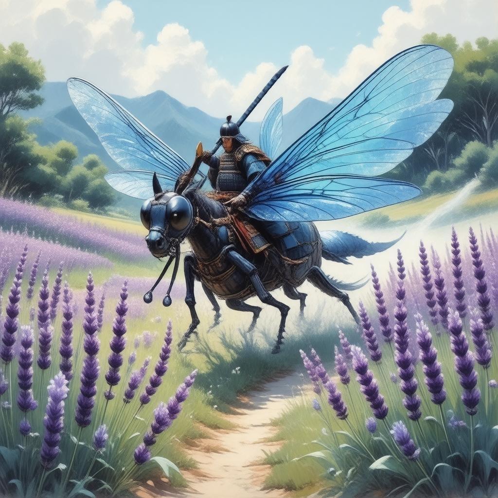 Experience the thrill of a samurai warrior riding a majestic dragonfly through a field of lavender flowers. The dragonfly's powerful wings are spread, revealing a blue body with purple accents, while its head is turned to the right, capturing a sense of motion. The background is filled with lush green plants and a few distant trees, adding depth to the scene.