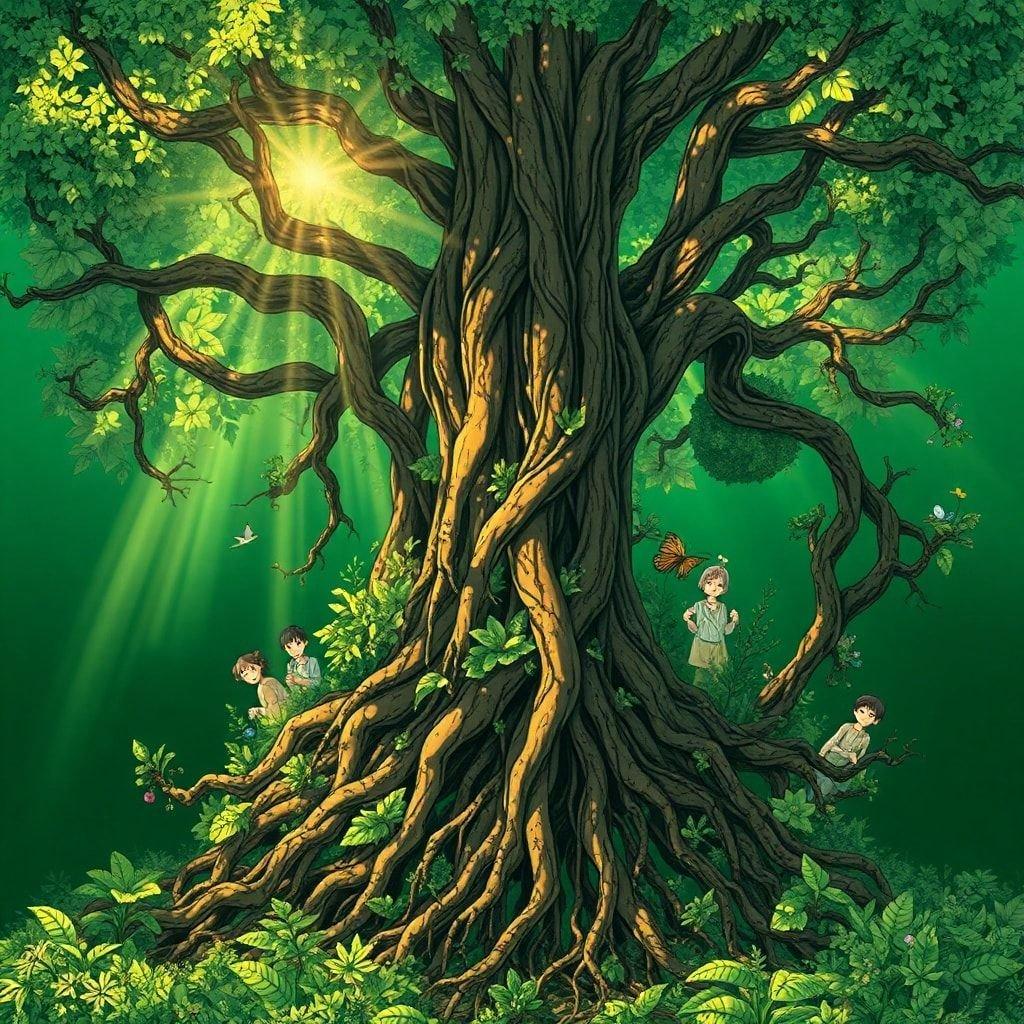 Plongez dans le monde enchanteur de l'anime avec ce fond d'écran captivant, où un réseau d'êtres humains forme une structure en forme d'arbre époustouflante, se fondant parfaitement dans le fond vert profond.