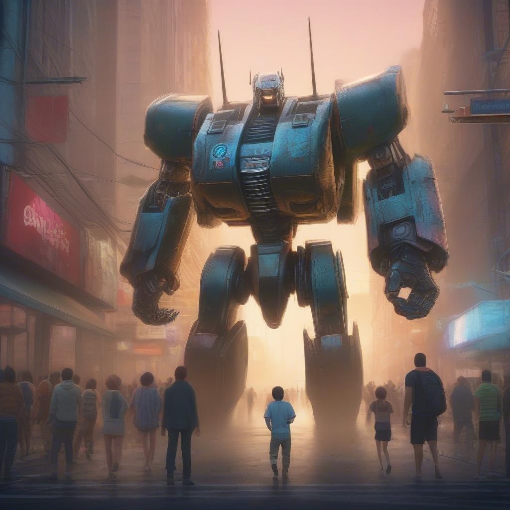 Enter the world of gaming with this epic scene from a video game. A massive robot stalks the city street, surrounded by pedestrians who seem to be in awe of its presence. The urban setting is bathed in an ethereal glow that suggests dusk or dawn, adding an element of mystery and excitement.