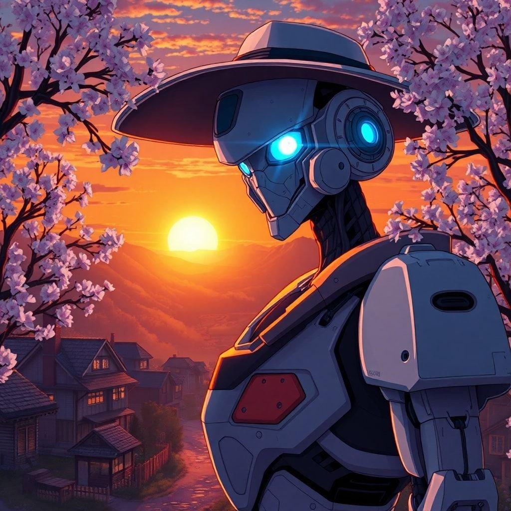 In this tranquil anime illustration, a detailed robot stands in a quaint village as the sun sets. The robot's wide-brimmed hat and glowing blue eyes give it a striking appearance against the backdrop of pink cherry blossoms.