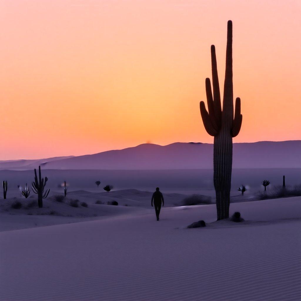 Sinta a serena transição do dia para a noite com esta cativante silhueta de uma paisagem desértica ao pôr do sol. Uma figura solitária se destaca em reflexão silenciosa contra o majestoso pano de fundo dos altos cactos saguaro sob as cores radiantes do céu.