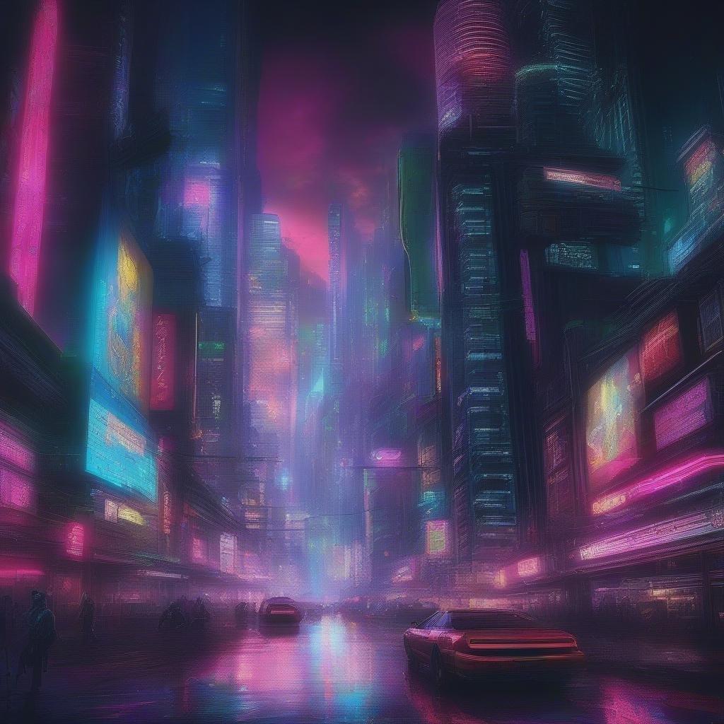 A futuristic cityscape with a cyberpunk theme, featuring neon lights and towering skyscrapers.