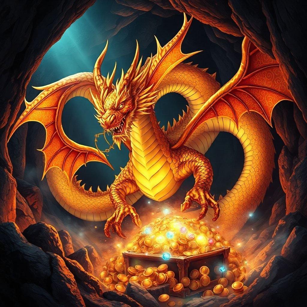 A majestic dragon in a mystical underground cavern, guarding its treasure hoard with fierce determination. The intricate patterns on its scales and the detailed design of the treasure chest suggest an animated fantasy theme.