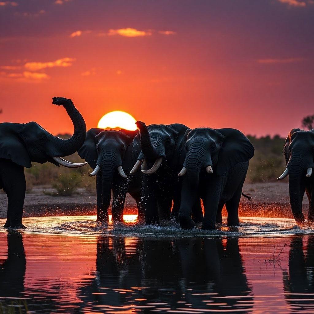 Este papel de parede apresenta uma cena de pôr do sol deslumbrante com um rebanho de elefantes em primeiro plano. Os elefantes estão silhuetados contra os vibrantes tons laranja e rosa do céu, criando um contraste de tirar o fôlego. A imagem é perfeita para quem ama a vida selvagem e a natureza.