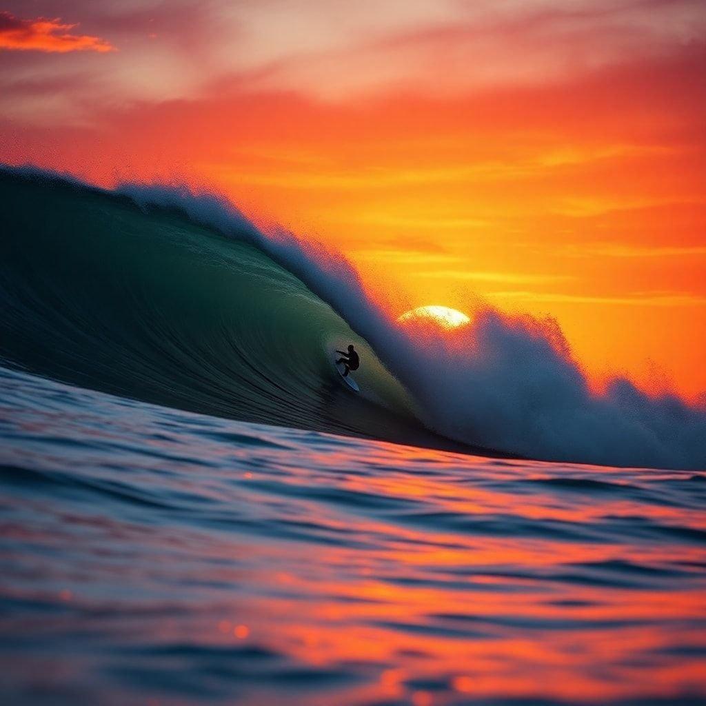 A surfer rides a wave at dusk, with the sun dipping below the horizon. The golden hues of the sky meet the deep blue of the ocean in this serene scene.